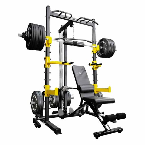 Home Gym Rack with Weight Plates, Barbell, Weight Bench, DIp Bars, Lateral Pull-Down and Pull-Up Bar