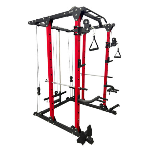 Red Squat Rack, with lat pull down, cable rows and pull up bar