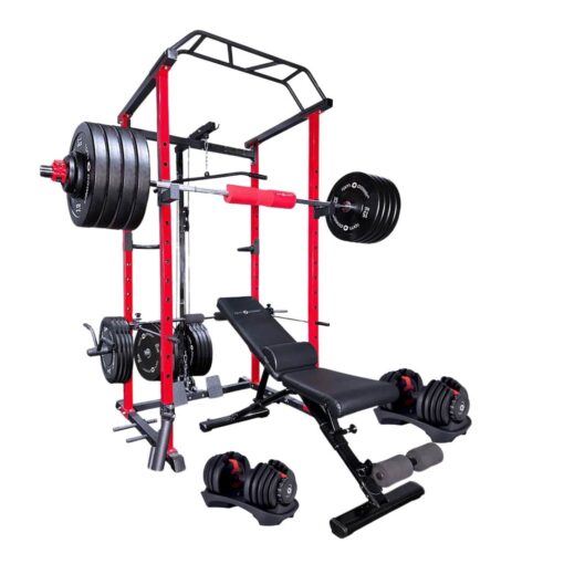 Power Rack with Weight Plates, Pull-Up Bar, Weight Bench, Olympic Barbell, Low Row, Barbell Pad & Lat Pull Down & Adjustable Dumbbells