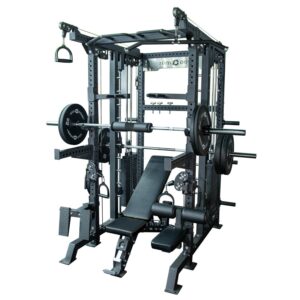 Multigym with smith rail, barbell, weight plates, weight bench, cable pulleys and pull up bar