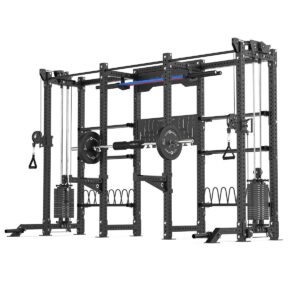 Double Squat Rack with Cable Machines, Pull-Up Bar, Weight Plate Holder, Olympic Barbell Holder, Weight Plates & Rack Storage