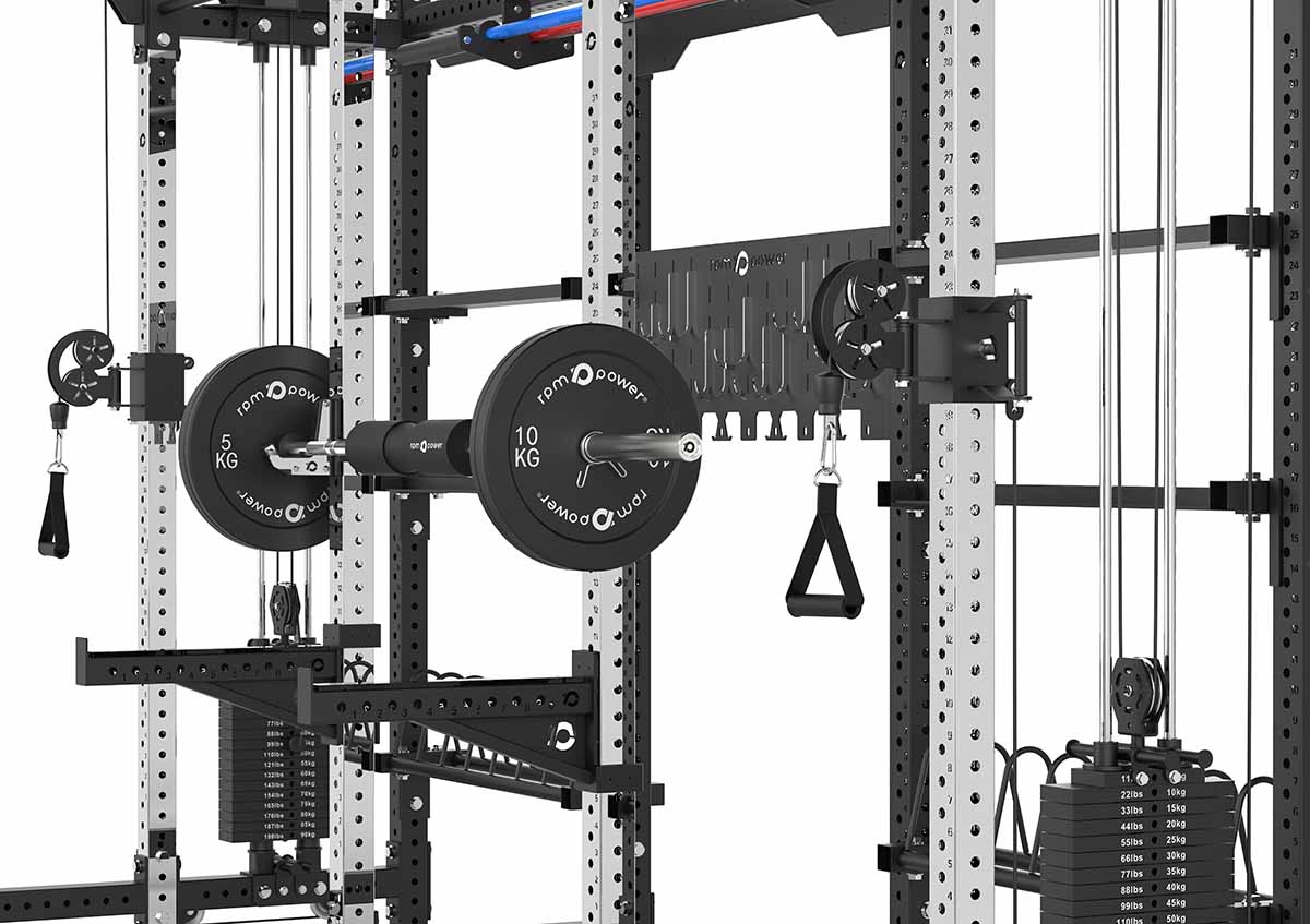 Double Squat Rack with Cable Machines, Pull-Up Bar, Weight Plate Holder, Olympic Barbell Holder, Weight Plates & Rack Storage