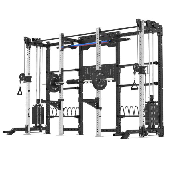 Double Squat Rack with Cable Machines, Pull-Up Bar, Weight Plate Holder, Olympic Barbell Holder, Weight Plates & Rack Storage